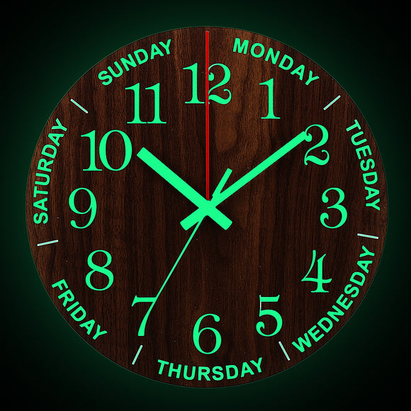 12 Inch Luminous Wall Clock Wooden Silent Non-Ticking Clock With Night Light