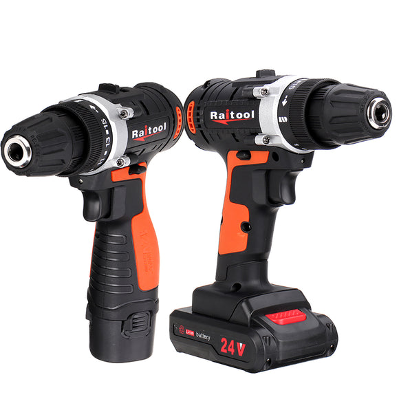 Raitool 12V/24V Lithium Battery Power Drill Cordless Rechargeable 2 Speed Electric Drill