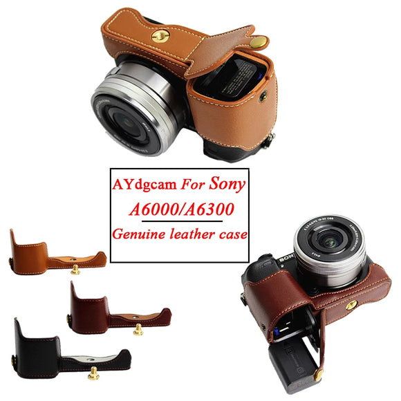 New Genuine Leather Half Body Video Camera Case Bag For Sony A6000 A6300 Camera Protective Cover Bottom Pouch