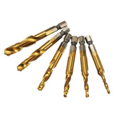 Drillpro 6pcs M3-M10 Combination Drill Tap Bit Set HSS 6542 Titanium Coated Deburr Countersink Bits